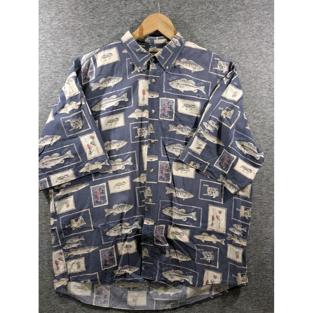 RED HEAD Shirt Mens Short Sleeve Collared Button Up Fish Print Detail Size XL